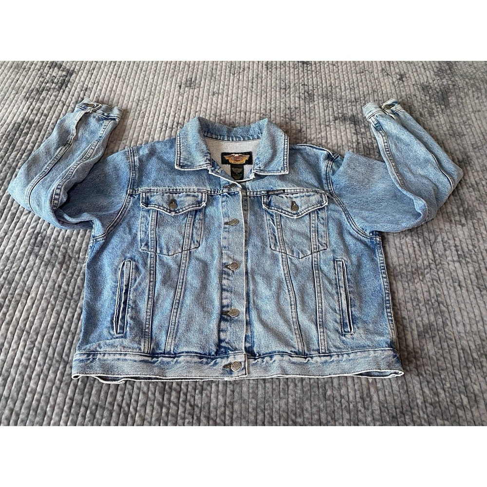 Vintage Harley Davidson Denim Jacket Women's Sz Large Blue 1998 Cropped